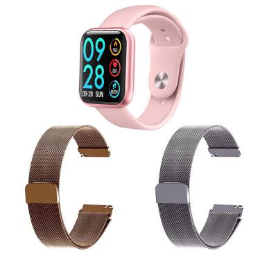 Imagem de Kit 1 Relógio Smartwatch Rosa + 2 Pulseiras Rosê E Prata