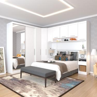 Imagem de Quarto De Canto Casal Com Guarda Roupas Com Espelho E Mesas De Cabeceira Alpes Luciane Móveis Branco Pf Com Branco Pf