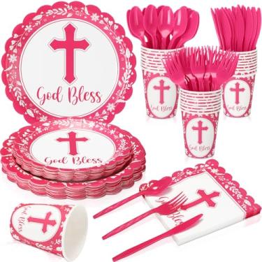 Imagem de Zhehao 25 conjuntos de pratos de batismo, guardanapos, suprimentos de festa, decorações de primeira comunhão, copos descartáveis para chá de bebê recém-nascido, igreja de batizado (rosa)