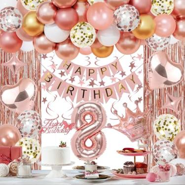 Imagem de NANINUNENO Decorações Para Festa De Aniversário 8 Anos Em Ouro Rosé Meninas, Faixa Alegria, Cortinas Com Franjas, Balões Metalizados Formato Coração, Coroa Meninas