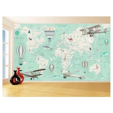 Imagem de Papel De Parede 3D Mapa Mundi Kids Avião Balão 3,5M Nmu92 - Você Decor