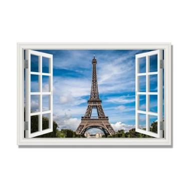 Imagem de Janela de arte de parede com impressão em tela. Vista de janela falsa. Impressão de imagem natural em tela. Arte de cenário para decoração de sala de estar. (Vista da Torre Eiffel de Paris 10). 60 x