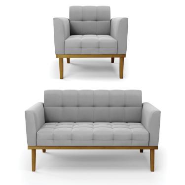 Imagem de Namoradeira Com Poltrona Base De Madeira Castanho Elisa Suede Cinza D03 - D'rossi