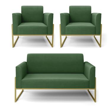 Imagem de Sofá Namoradeira Com 2 Poltronas Base Industrial Alta Dourado Marisa Suede D03 - D\'rossi Cor Verde