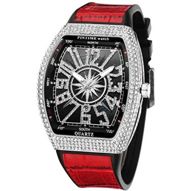 Imagem de Gosasa Relógio de pulso masculino moderno hip hop com cristal brilhante, caixa retangular, aço inoxidável, quartzo, analógico, V, prata, vermelho