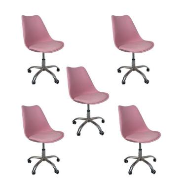 Imagem de Kit 5 Cadeiras Office Base Cromada Com Rodizio Giratória Saarinen Rosa