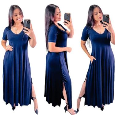 Imagem de Vestido longo gola v com fenda lateral - Neide modas, Azul marinho, P