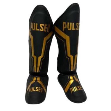 Imagem de Caneleiras de Proteção Muay Thai 30 mm Preto Iron Dourado Pulser, Pret