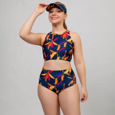 Imagem de Biquíni Top Cropped com Bojo + Calcinha Hot Pant Estampado Uv Praia Pi