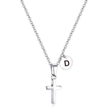 Imagem de AILAAILA Colar com cruz para crianças, meninos, inicial, adolescentes, pingente de cruz de aço inoxidável, minimalista, presente de Páscoa, presente de Natal, primeira comunhão, presentes de batismo