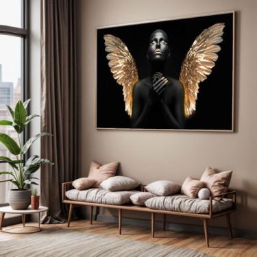 Imagem de Quadro com Moldura Sala Quarto Mulher Negra Anjo Dourado Luxo Decorativo Horizontal Grande Hall