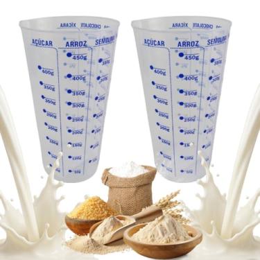 Imagem de Kit 2 Copos Medidores de Plástico Cristal Azul 500ml Graduados para Açúcar Arroz Semolina Farinha Chocolate Líquidos Xícaras com Medidas de 16cm x 8cm