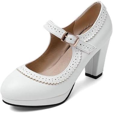 Imagem de Sapatos Oxford Mary Jane Oxford Com Bico Redondo Perfurado Salto Médio Oxfords Sapatos De Vestido Plataforma Retrô Rockabilly Com Tira No Tornozelo, White, 4 UK