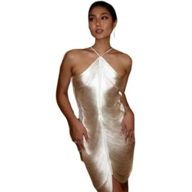 Imagem de Dresse Mulheres Elegante Brilhante Metálico Halter Midi Vestido Feminino Sem Mangas Backless Bodycon Longo Senhora Festa Clube Vestes De Noite, White Short, XL