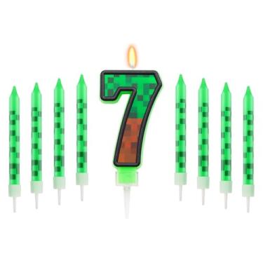 Imagem de Vela Pixels temática de 7 anos, topo de bolo Pixels para meninos e meninas, conjunto de 9 velas com tema de desenho animado de jogo, suprimentos para festa de aniversário (número 7)