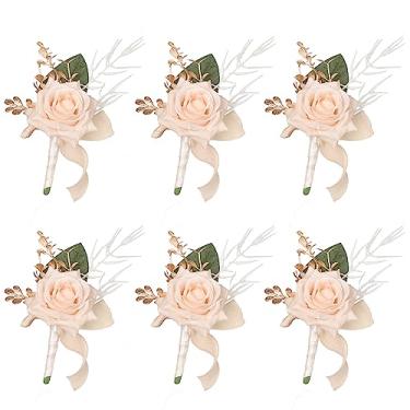 Imagem de YSUCAU Boutonniere champanhe para homens com alfinetes, conjunto de 6, padrinhos rosa boutonniere para cerimônia, jantar formal e casamento vintage rústico francês outono