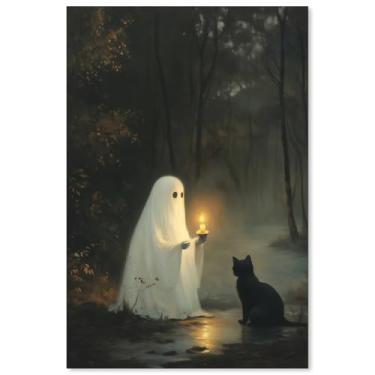 Imagem de Pôster de terror Halloween bonito segurando vela fantasma arte de parede gótica escura academia preta pintura em tela para galeria sala de estar quarto decoração de parede 40,6 x 61 cm sem moldura
