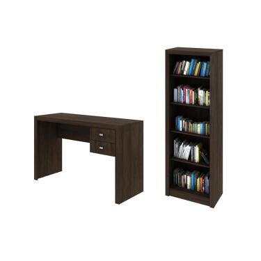 Imagem de Escritório com Mesa para Computador 2 Gavetas Com Armário Prateleiras Portas Rústico - FdECOR