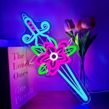 Imagem de JOSEBRU Esculpido 3D Floral Épée Sinal Neon Flor Espada Estilo Tatuagem Arte LED para Decoração de Parede Exclusiva, Luz USB Dimmer para Tatuagem, Pub, Sala de Jogos, Quarto, Festa Presentes