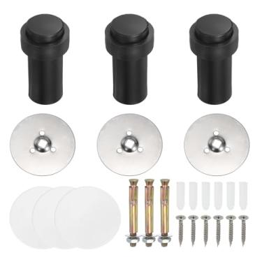 Imagem de PATIKIL 3 conjuntos de batentes de porta redondos, batente de porta de aço inoxidável de 80 mm, cunha, cilindro de metal autoadesivo com parafuso para parte inferior do piso da porta interna, preto