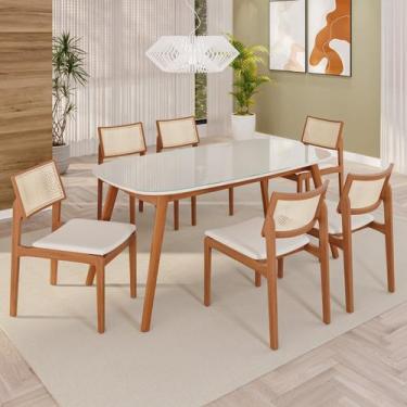 Imagem de Sala de Jantar Mesa 160x76cm Tampo em Mdf com Vidro 6 Cadeiras em Linh
