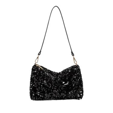 Imagem de MakeMeChic Bolsa quadrada feminina de couro PU com lantejoulas brilhantes com alça única para festa, Preto, One Size