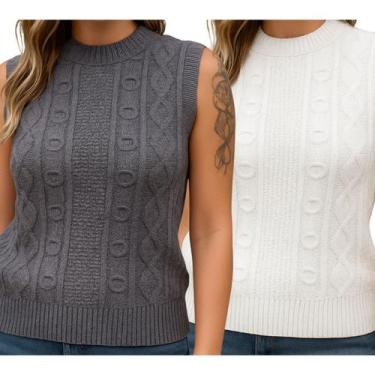 Imagem de Kit 2 Blusas Tricô FMF Chumbo e Branco Sem Manga Básica Casual, Chumbo