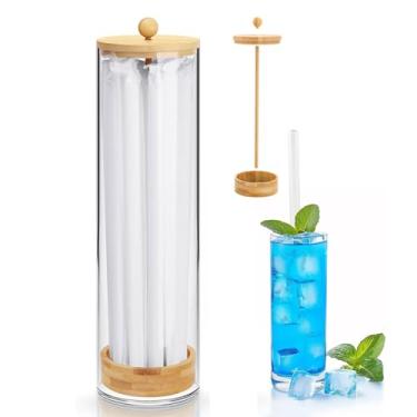 Imagem de JYPS Dispensador de canudo de acrílico de 33 cm com tampa de bambu com 100 canudos coloridos, organizador de bancada transparente para cozinha, escritório, armazenamento de armário, comporta lápis