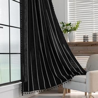 Imagem de Erbnaryx Cortinas Boho bordadas para sala de estar quarto 1 painel L 159 x C 102 bolso preto, listrado fazenda chique texturizado, borlas vintage feito à mão decoração country.