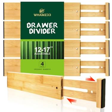 Imagem de WHAMZ33 W Divisórias de gaveta de cozinha, organizador de gaveta de bambu ajustável (32,5 a 43 cm), organizador de utensílios expansível para armazenamento de cozinha, armário, cômoda (pacote com 4)