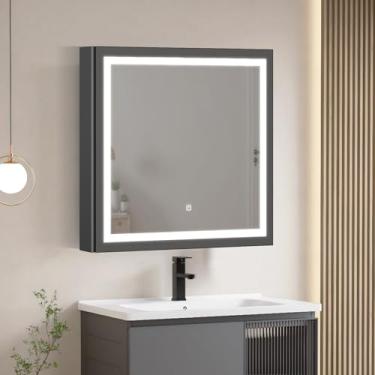 Imagem de Aibogiter Armário de remédios de 70 x 70 x 12 cm com luzes LED e espelho, armário de remédios de banheiro montado na parede com modo de memória de 3 cores, 2 tomadas e USBs, armário com espelho com 2