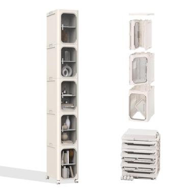 Imagem de LQDMAER Armário de banheiro fino de 5 andares, armário estreito alto de plástico com portas e prateleiras, armários finos de chão com rodas, organizador de banheiro de canto para espaços pequenos