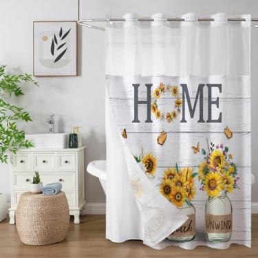 Imagem de ALEXEX Cortina de chuveiro de girassol amarelo sem gancho com conjunto de forro de tecido, decoração de casa de banho, camadas duplas à prova d'água com cortina de banheiro transparente 180 x 182 cm