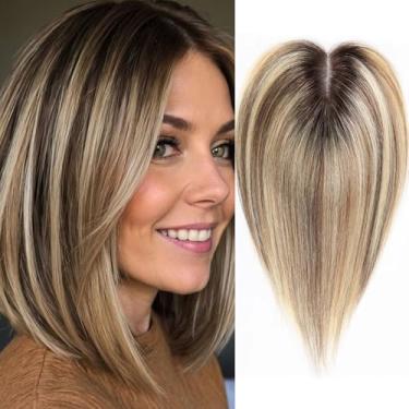 Imagem de HAIRCUBE Toppers de cabelo loiro acinzentado para mulheres, cabelo humano real, 100% Remy, 8,9 cm x 10,5 cm, amarrado à mão, com base de renda suíça, 30,5 cm, sem franja, para mulheres com cabelo fino
