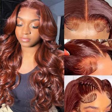 Imagem de SPOU Perucas de cabelo humano ondulado marrom avermelhado 350 # Auburn HD Lace Frontal peruca para mulheres 180% densidade cobre vermelho sem cola perucas de cabelo humano pré-arrancadas com cabelo de