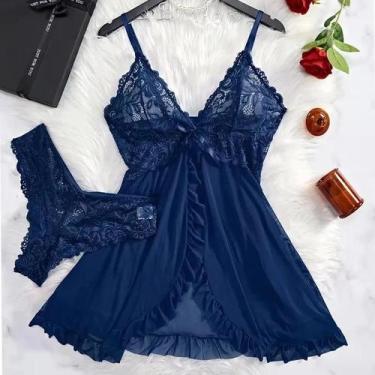 Imagem de Conjunto De Lingerie Sexy De Renda Transparente Vermelha, Camisola Tra