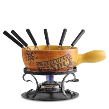 Imagem de Artestia Conjunto de panela de fondue de cerâmica com design suíço de 2,11 litros para queijo, panela de derretimento de chocolate com 6 garfos de fondue e padrão vintage suíço, perfeito para 6