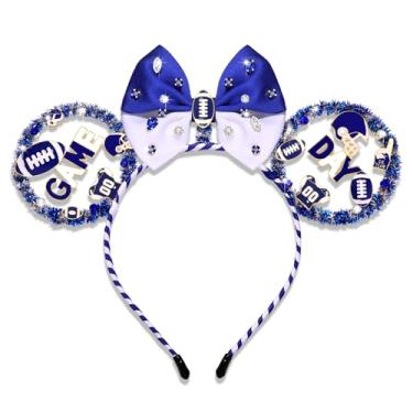 Imagem de PHALIN Faixa de cabeça para o dia do jogo, acessórios para mulheres, meninas, azul, branco, futebol, laço, rato, orelha, acessórios de cabelo, esportes, lembrancinhas de festa, presentes (azul e