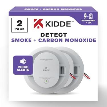 Imagem de Kidde Detector de fumaça e monóxido de carbono com fio, reserva de bateria AA, alertas de voz, interconectáveis, indicadores de luz de aviso LED, pacote com 2