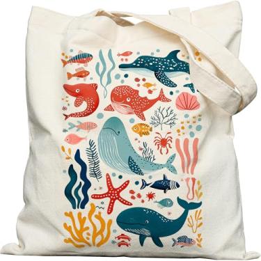 Imagem de Dyale Sacola feminina de lona com fecho de pressão, sacola marinha estampada dupla face com alças largas nos ombros e bolso interno para viagem, compras, trabalho, viagens