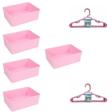 Imagem de Kit 5 Cestos Multiuso Decorativo e 10 Cabides Infantis Rosa - 123 Orga