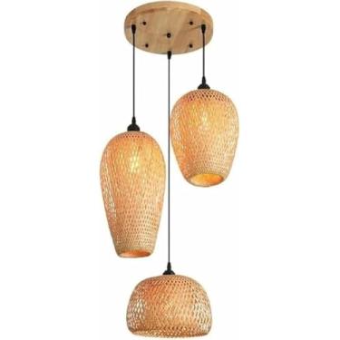 Imagem de WLHAZMWY Luminária pendente retrô rústica 3 luzes pingente de luz feita à mão de vime pendurado em forma de cesta em forma de gaiola base E27