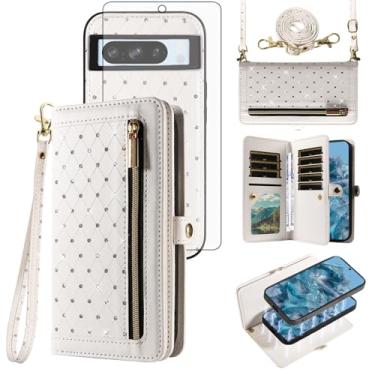 Imagem de Asuwish Capa de celular para Google Pixel 8 Pro 5G com zíper carteira magnética destacável com protetor de tela alça transversal Bling Flip suporte para cartão de crédito Pixel8Pro Pixel8 XL Eight