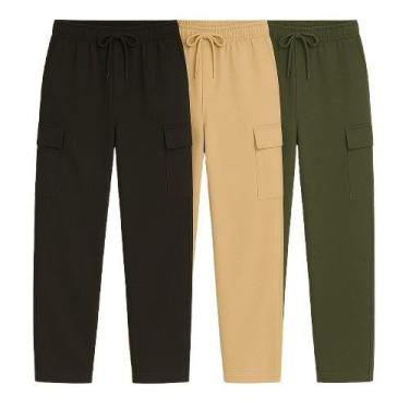 Imagem de Kit 3 Calça Cargo Larga Skate Unissex Bolso Lateral Fechamento Cordão 