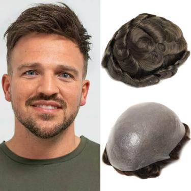 Imagem de BEEOS Toupee de pele fina de 0,06 mm para homens, 20 x 25 cm, sistema de cabelo humano para homens, laço em V, sem nós, peruca masculina natural #6 marrom claro