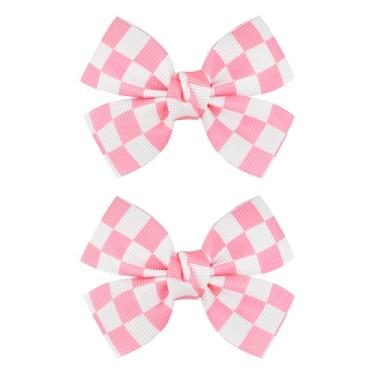 Imagem de YanJie 2 peças de laços de cabelo quadriculados de 7 cm para meninas, rosa claro e branco, acessórios de corrida para mulheres com clipe de laço de fita, roupa quadriculada