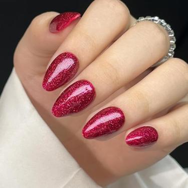 Imagem de RTKHFZE Unhas curtas de pressão – unhas prensadas de amêndoa, unhas vermelhas macias de gel falso com purpurina fina, extremamente ajustado e prensado natural em unhas postiças, cola reutilizável em