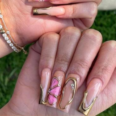 Imagem de RTKHFZE Unhas de pressão – Unhas quadradas extra longas de acrílico, 24 peças (design de asas de borboleta, ponta francesa)