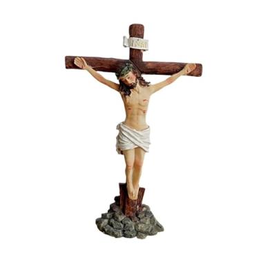 Imagem de Dynwave Jesus Crucifixo Cruz Orando Mesa Mesa Decoração Casa Exibição Católica Jesus para Inauguração Quarto 20 cm de Altura