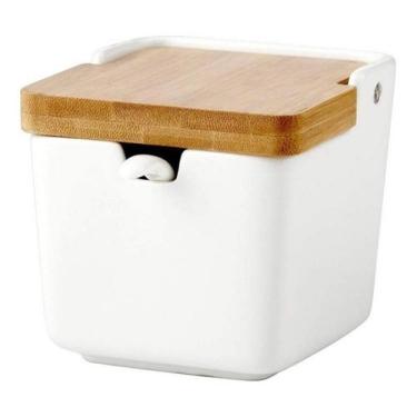 Imagem de Saleiro De Mesa Em Porcelana Com Tampa De Bambu E Colher